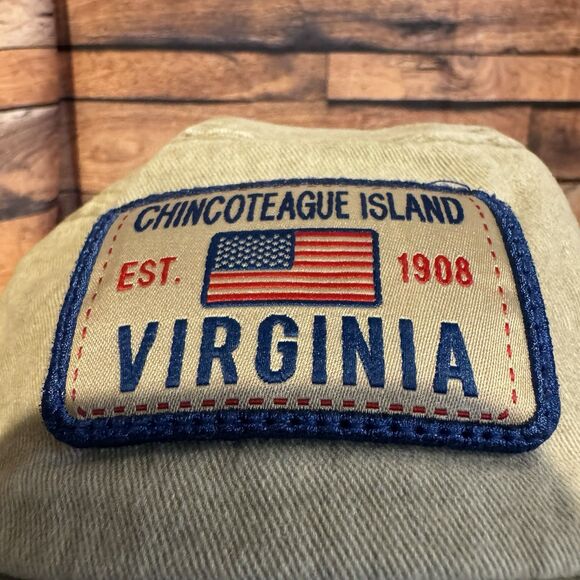Chincoteague Island Virginia Bucket Hat EST 1908 American Flag Patch Beige Tan - Picture 5 of 8